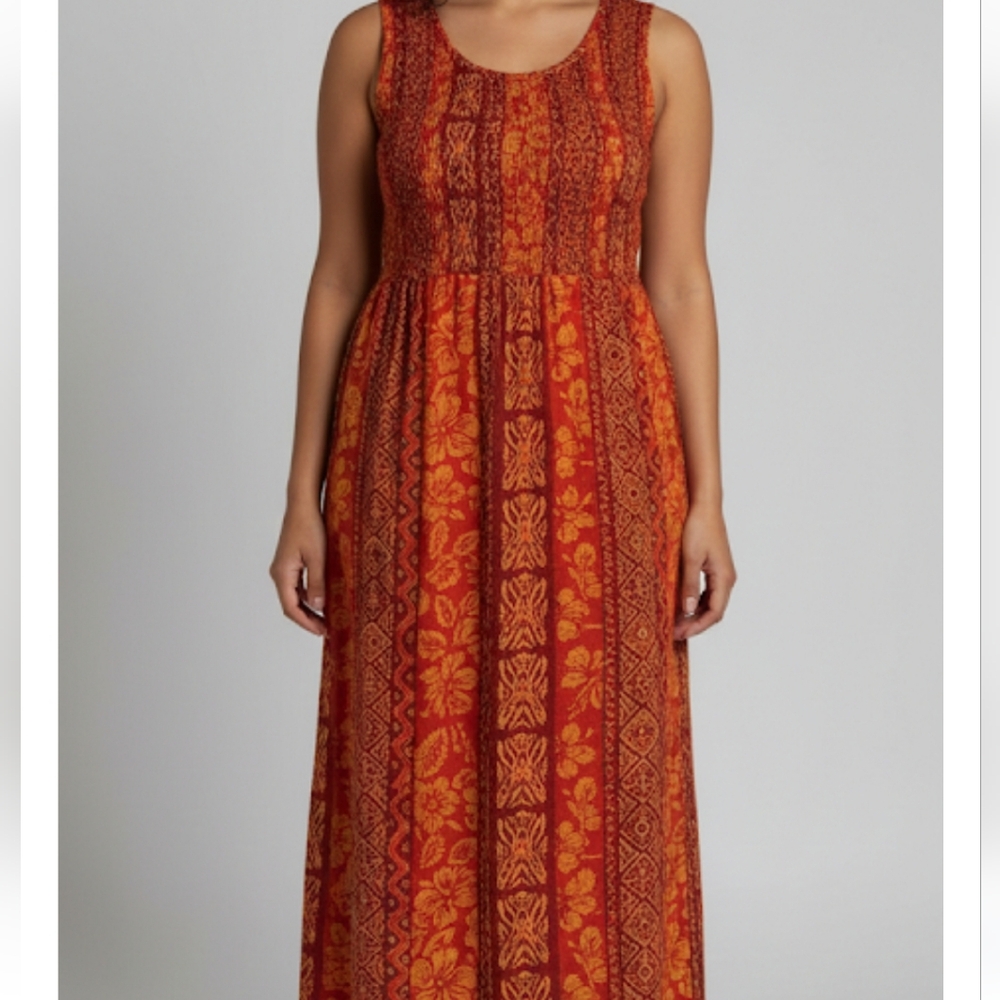 Vibrant Red & Orange Sleeveless Maxi Dress Size 12 Tropical Vibe Vintage